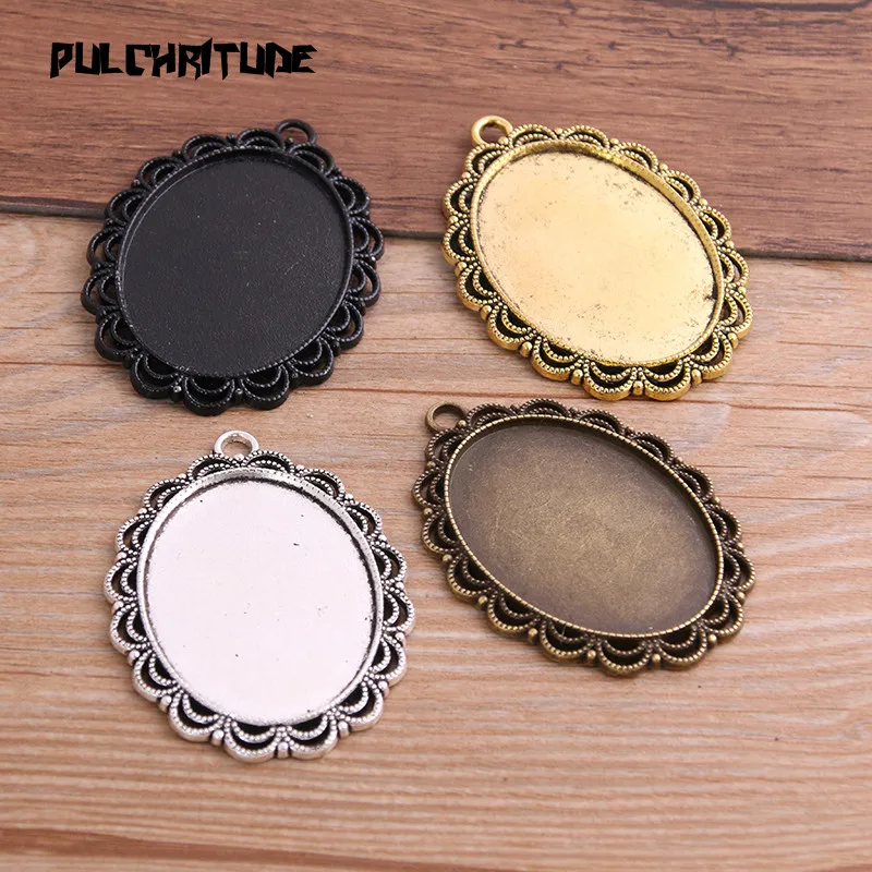 

PULCHRITUDE 2pcs 30*40mm Inner Size Four Color Metal Alloy Simple Oval Lacework Cabochon Pendant Setting Jewelry Findings