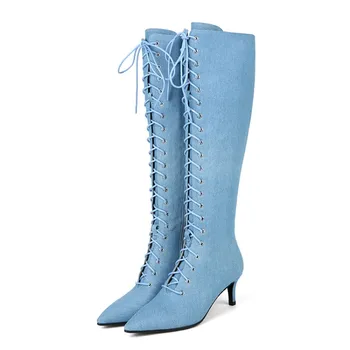 

Women Low Heel Boots Jean Blue Lace Up High Heel Shoes 6cm Knee High Heel Gladiator Boots Pointed Toe
