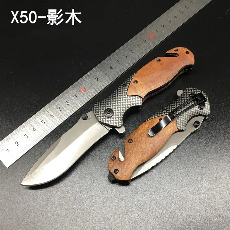 

Free shipping Tactical folding knife pocket outdoor survival hunting camping wood handle stainless blade sharp knives X50