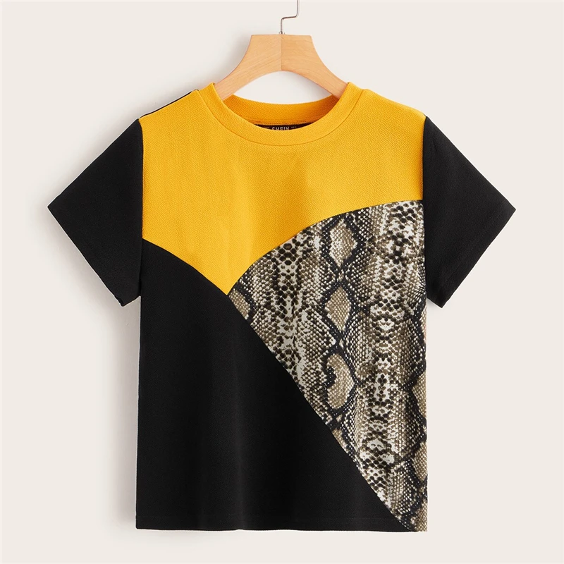 FREE SHIPPING Snakeskin Print Colorblock Short Sleeve T-shirts JKP3300