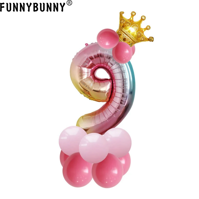 FUNNYBUNNY воздушные шары градиентный цифровой Корона День рождения алюминиевый шар 32 дюймов алюминиевая пленка воздушный шар в форме цифры