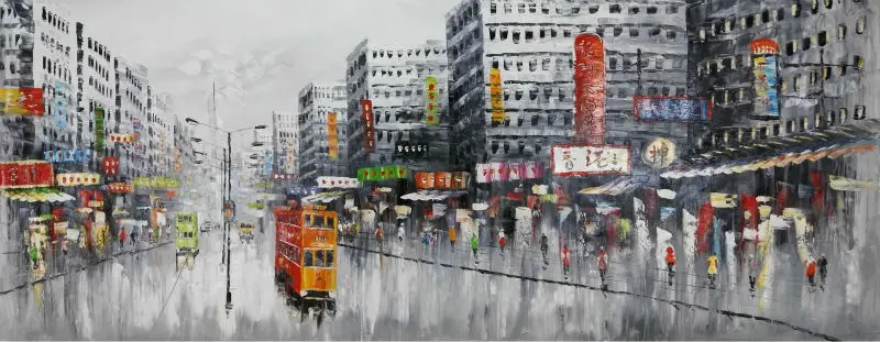 

Hand Painted Oil Painting on Canvas Abstract Hong Kong Trams Street Canvas Painting Wall Art Picture Paiting for Home Decoration