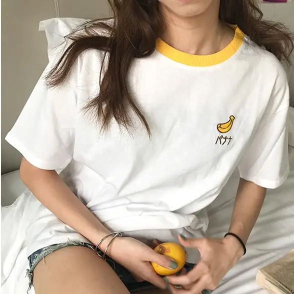 Летние свободные хлопковые женские футболки с коротким рукавом и вышитыми фруктами в стиле колледжа - Цвет: Цвет: желтый