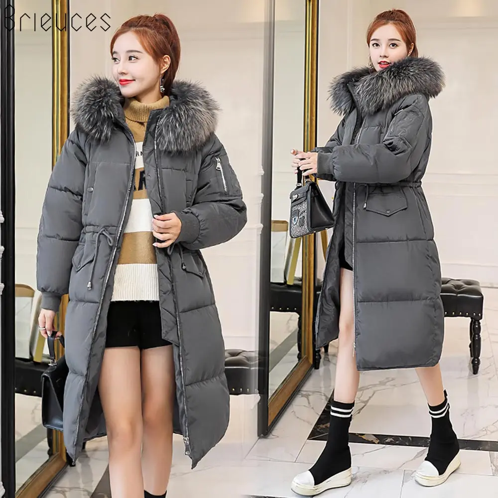 Brieuces Big Fur 2018 Long Parkas Female Women Winter Coat Thick Down Cotton Winter Jacket Womens Outwear Parkas for Women