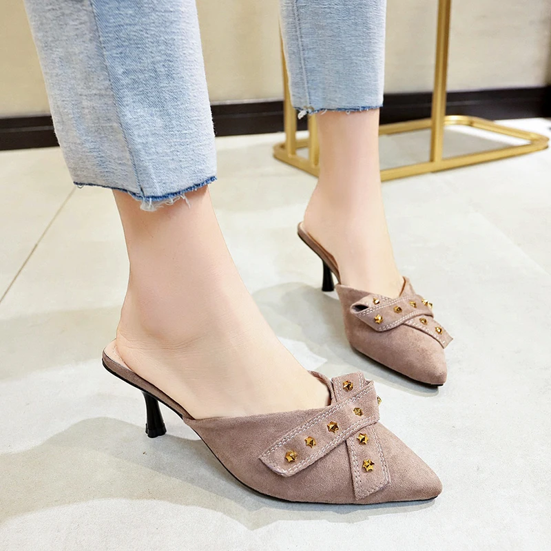 

2019 New Summer Mules Women High Thin Heels Slip On Outside Pointed Toe Solid Slippers Lady Fashion Sexy Shoes XWT1567