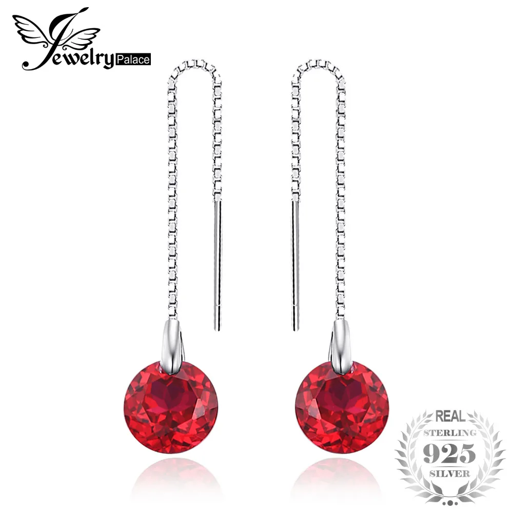 

JewelryPalace Fashion 5.59ct Round Created Rubies Threader Earrings 925 Sterling Silver Fine Jewelry Party Long Earrings Women