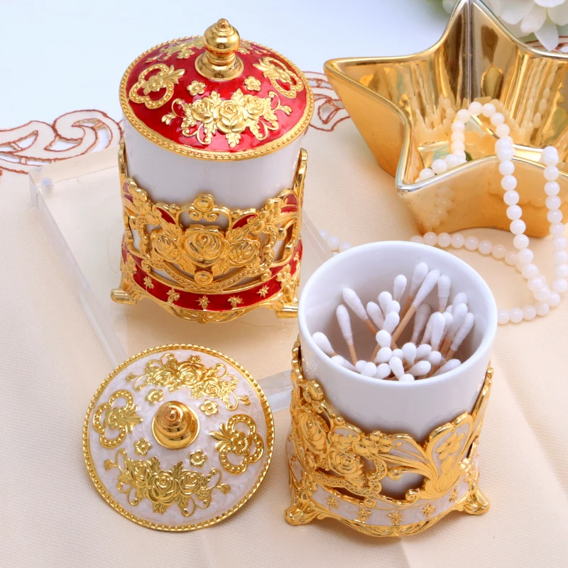 

Europe Metal Art Craft Cotton Swab Toothpick Storage Box Tabletop Decoration Cosmetic Box Holder Girlfriend Gift Family Decor
