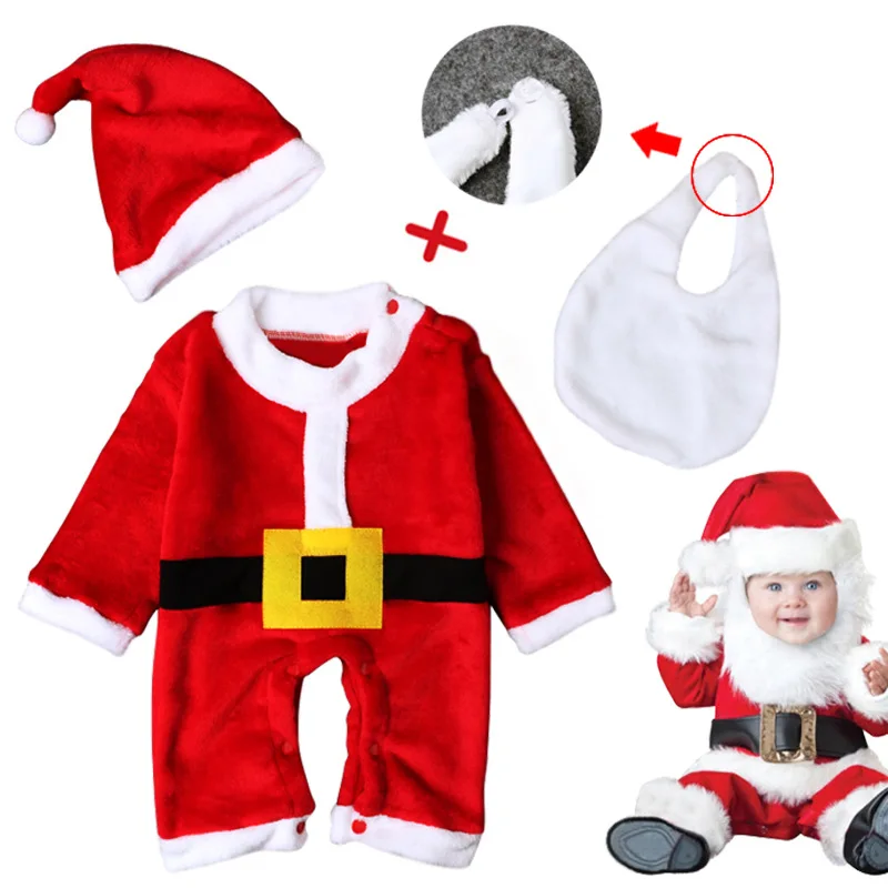 

New Years Baby Christmas Children Clothing Set Toddlers Boys Santa Claus Rompers Suit Infant Kids 3PCS Red Warm Costume with Hat