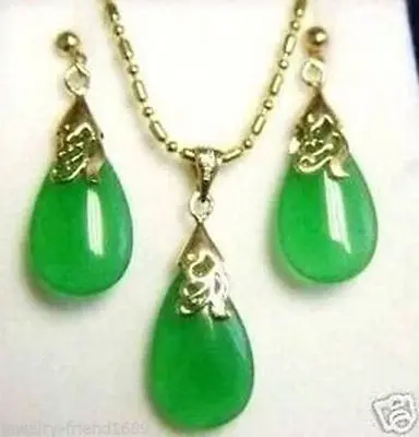 Ювелирные изделия зеленый нефрит падение кулон ожерелье серьги набор +