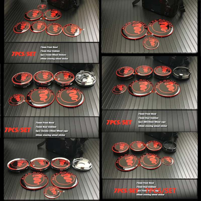 

Black Red Car Styling 7pcs/set Front/rear Emblem 74mm Steering Sticker 40mm Wheel Center Hub Cap 56mm/60mm/64mm For Alfa Romeo
