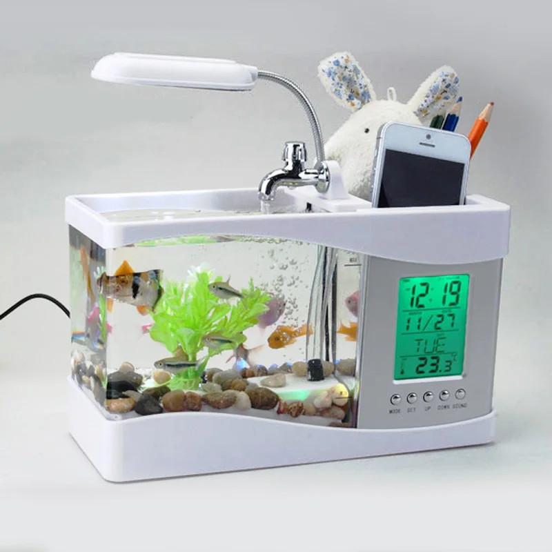 

Free shipping LED mini aquarium USB multi-function Desktop Aquarium Creative Small Fish Tank LCD Display Screen and Clock