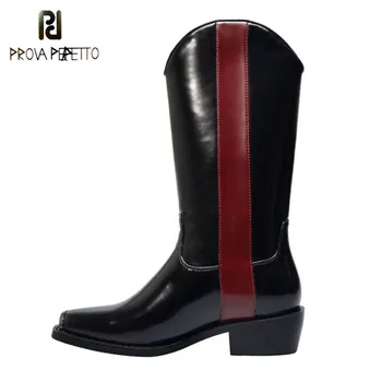 

Prova Perfetto 2019 Square Metal Toe Genuine Leather Women's Boots Chunky Heels Autumn Boots Female Slip-on Mid Calf Botas Mujer