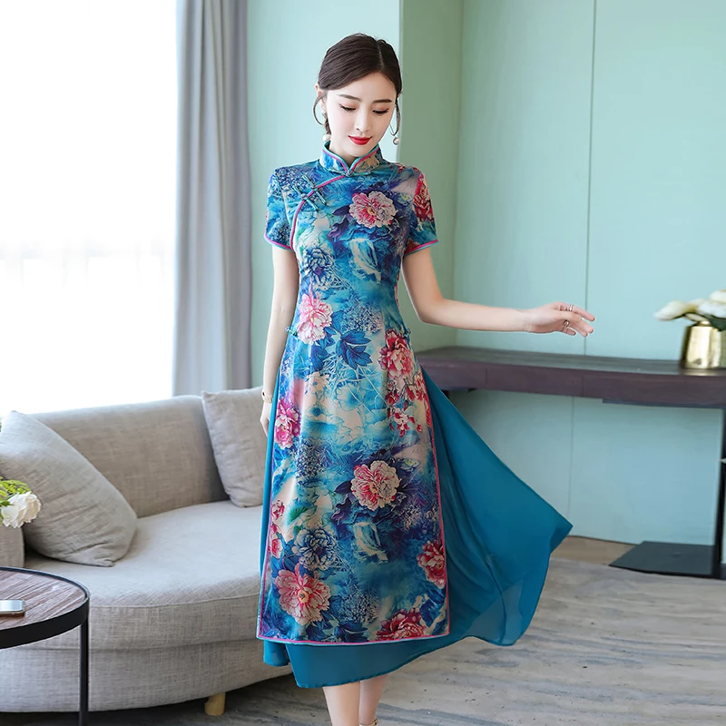 Летнее женское платье с цветочным принтом Ao Dai Cheongsam размера плюс S-4XL |