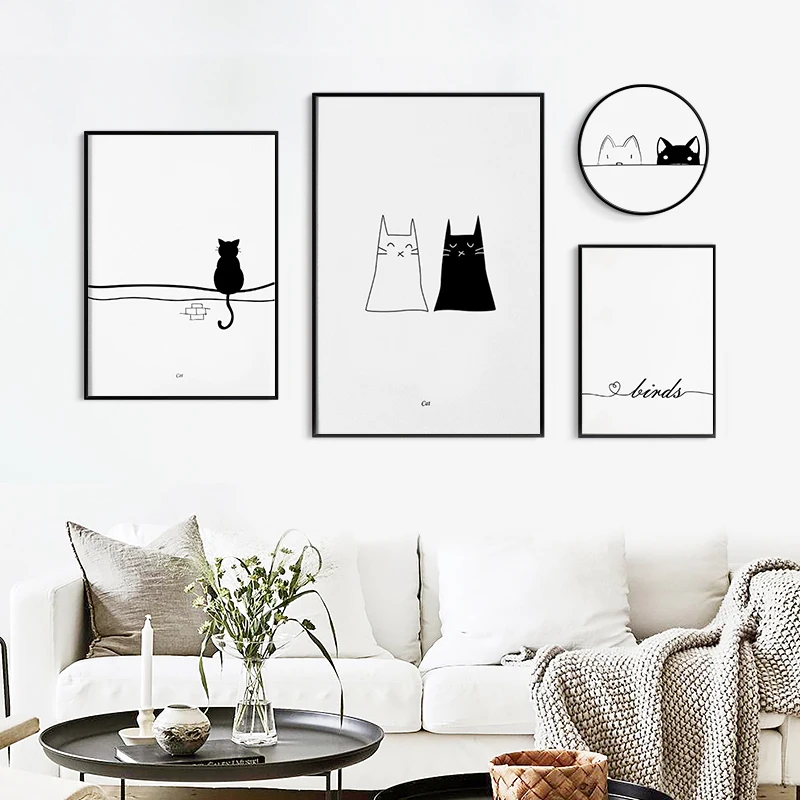 Минималистичный черно-белый Кот птицы плакат и печать холст живопись поп настенные картины для гостиной украшения дома