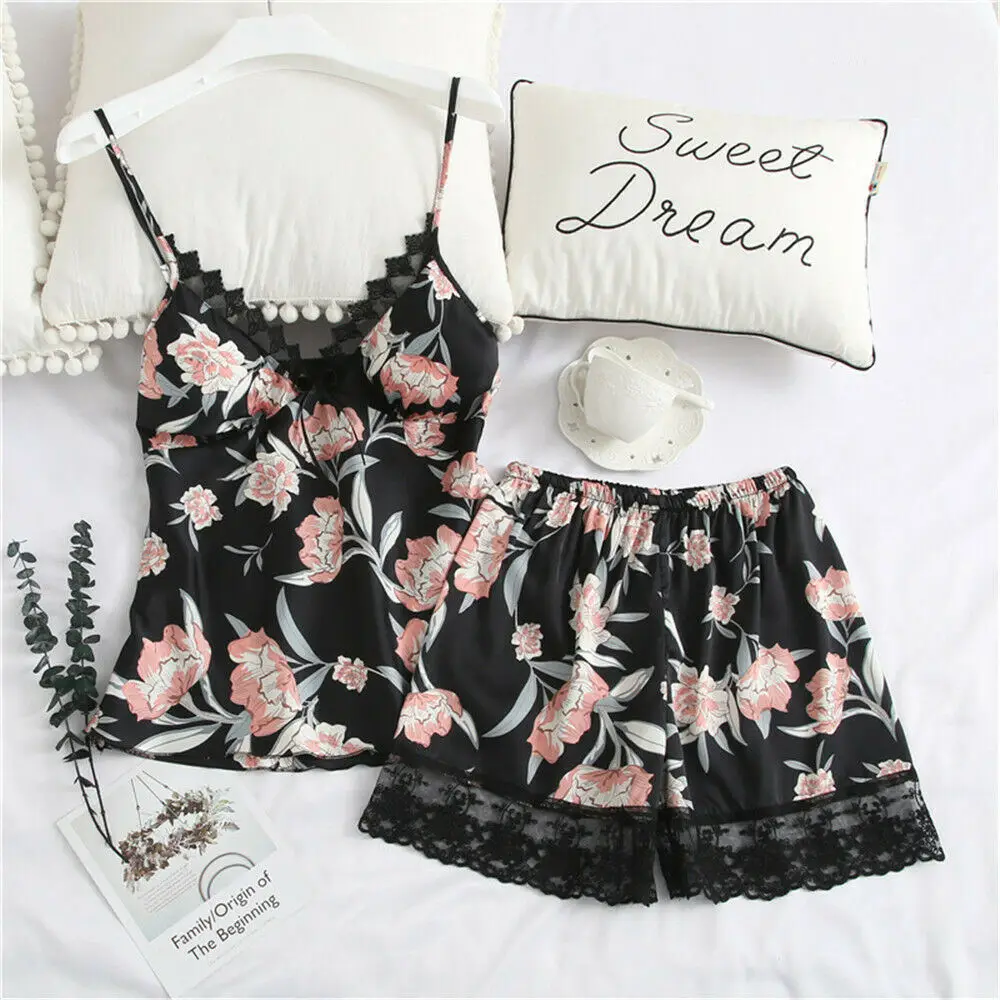 

Newest Women Sexy Sleepwear Nightgown Satin Silk Lace Floral Deep V Babydolls Femme Mujer Robes Sleep Dress Pijama Set
