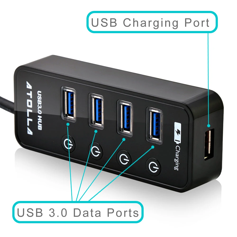 4 Ports USB 3.0 HUB Splitter with Power Charging Port and Switch Multiple USB Splitter Porta Panel USB3.0HUB black