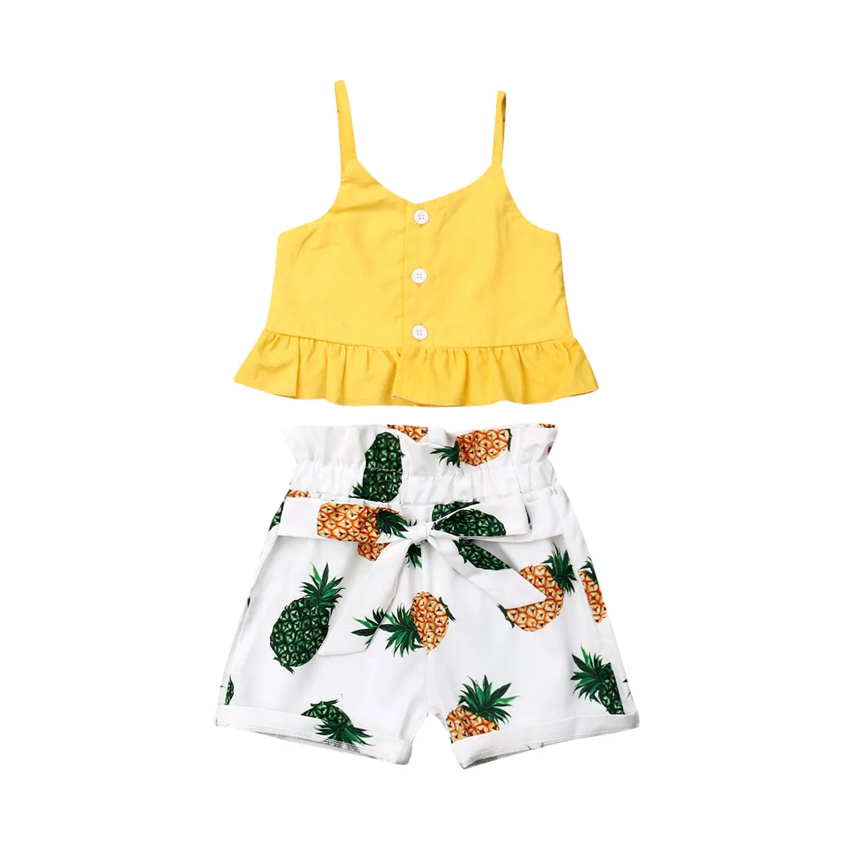 

2019 Holiday Kid Baby Girl Clothes Sets Ruffles Sleeveless Yellow Tops T-Shirt Pineapple Short Pants Outfit Clothes