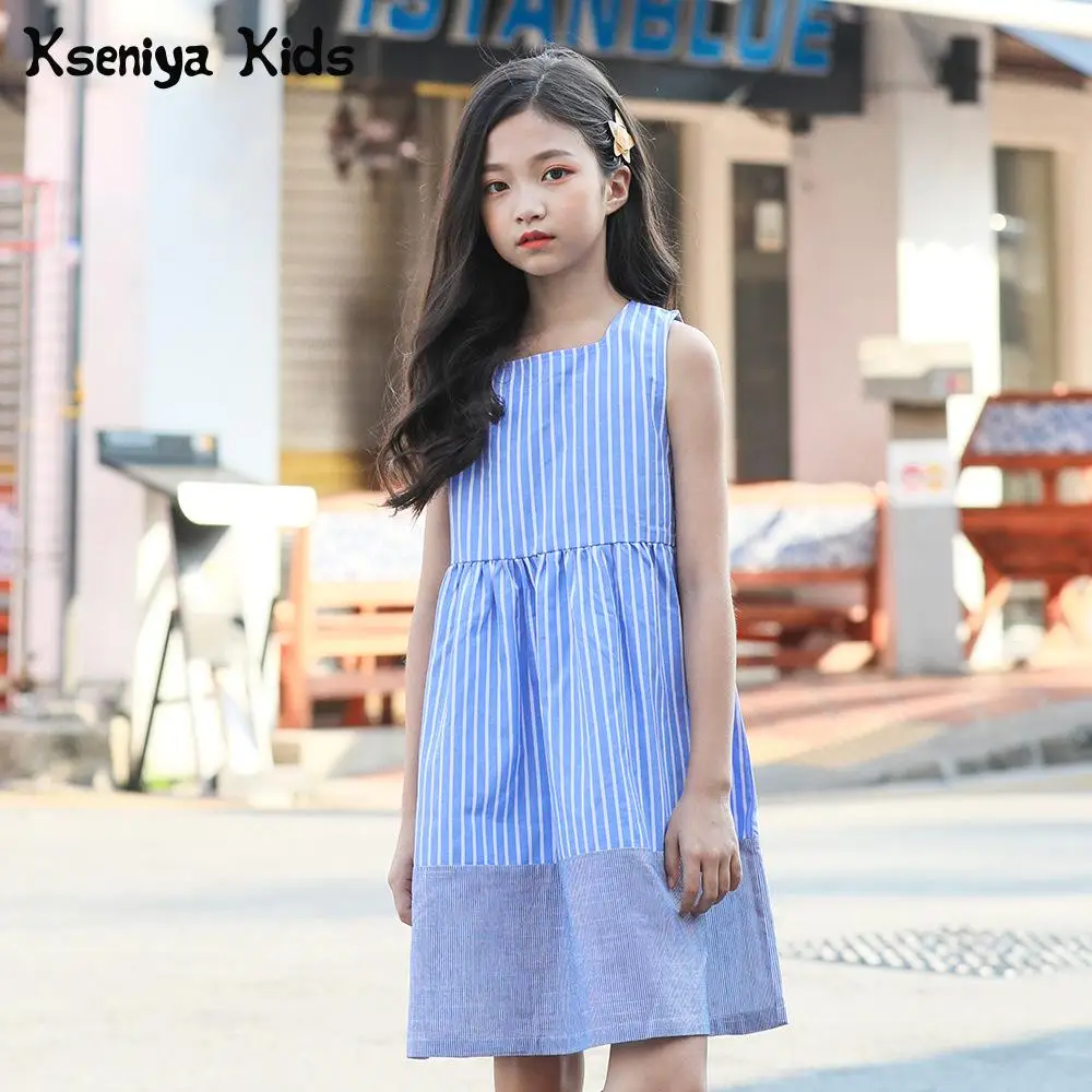 

Kseniya Kids Summer Middle And Large Children Girl Preppy Style A-line Sleeveless Striped Cotton Princess Dress Girls Dresses