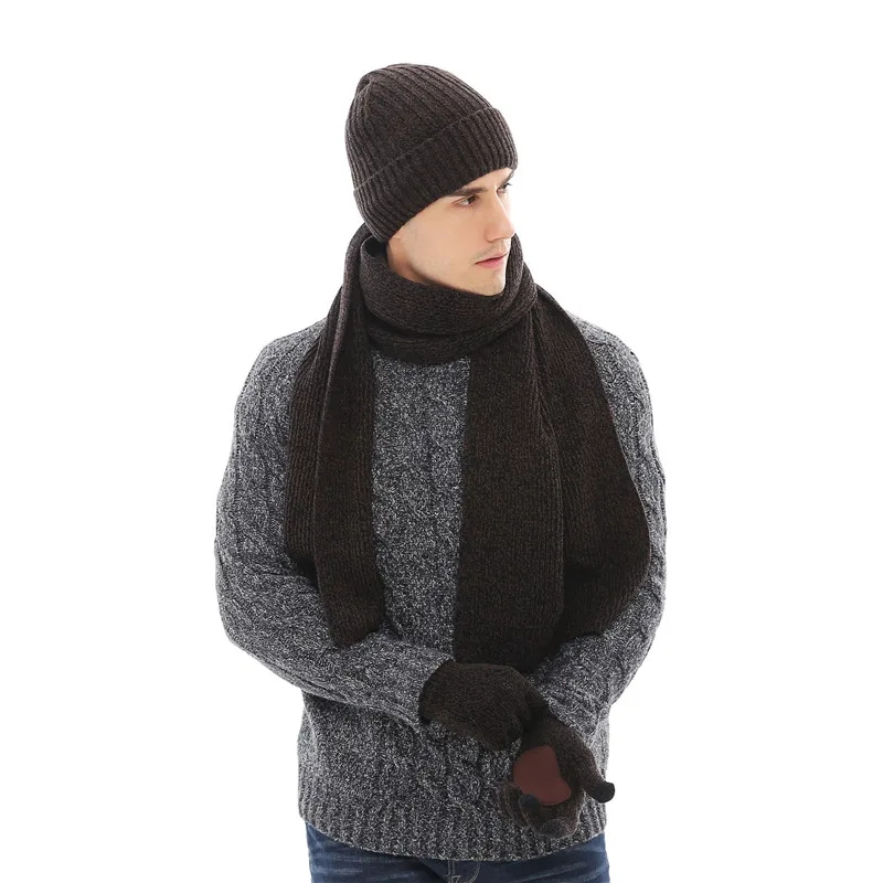 LaMaxPa New Fashion Solid Thicken Man Scarf, Hat & Glove Sets 3Pcs Striped Knitted Winter Warm Beanis Wrap