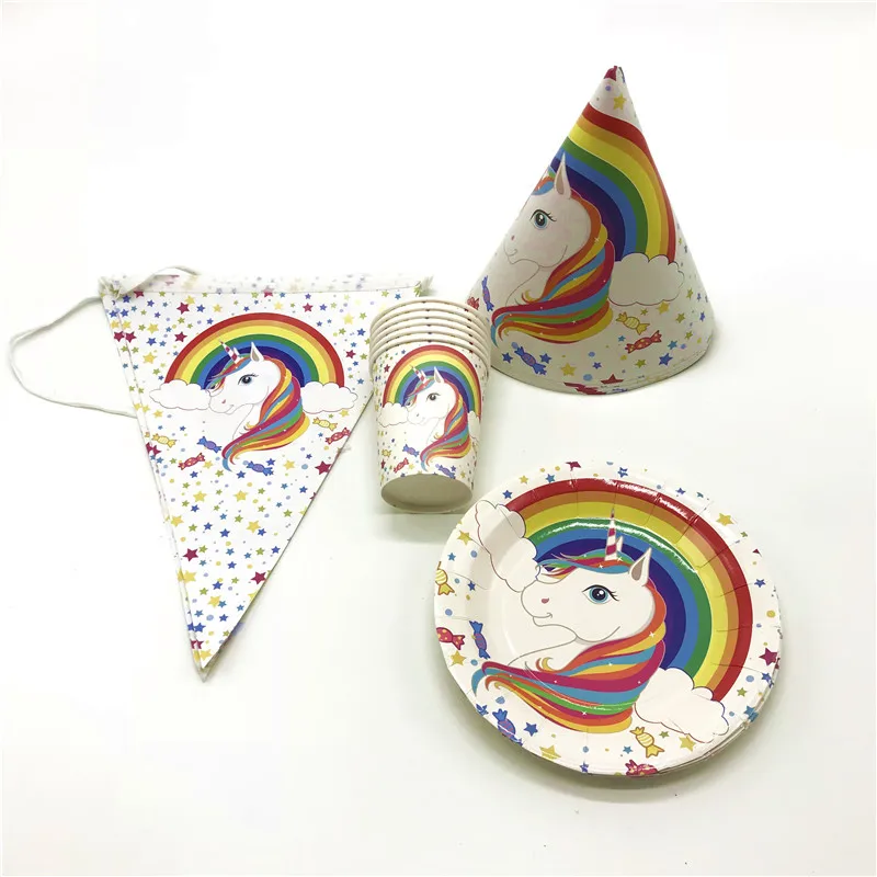 

Hot Sale Rainbow Unicorn 78Pcs Paper Cup+Plate+Banner Girl Birthday Party Event Party Baby Shower Cocked Hats Decoration Supply