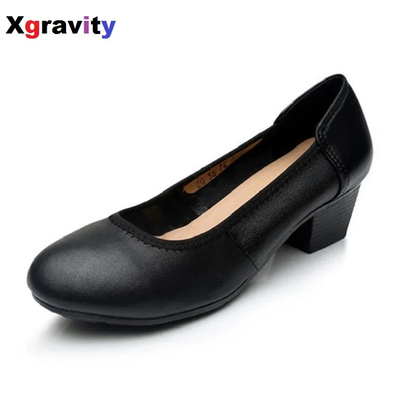 

2017 Autumn Winter Mid-Heeled Genuine Leather Round Toe Woman OL Working Shoes Elegant Comfort Lady Fashion Chunky Shoes C018