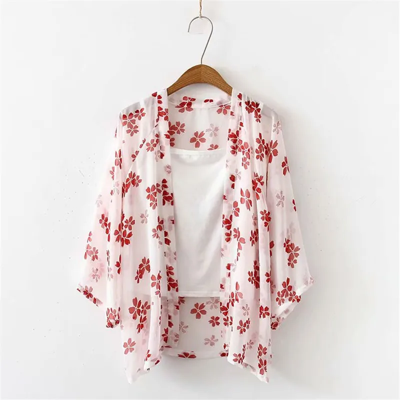 

Japanese Kawaii Sakura Print Tops Sunscreen Shirt Two-piece Female Tees Summer Cute Girls Cloth