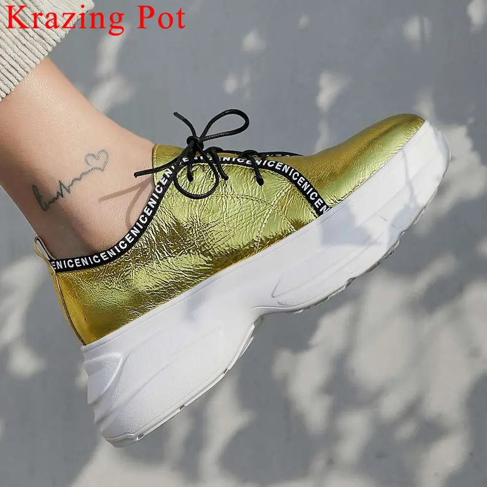 Rock Bleu Sneakers À Concise blanc Plate Vulcanisé Épais forme Style Véritable Respirant Bout Haute Fond L8f3 En Lacets or Cuir Filles Rond Chaussures N80wmn