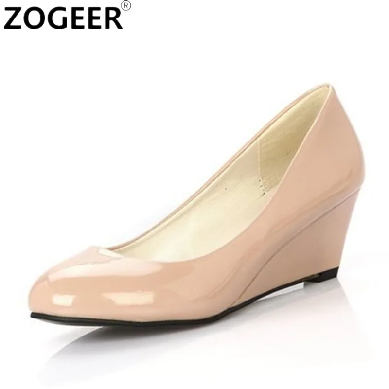 

Hot 2017 Autumn Spring Wedges Women Shoes Pointed Medium Heels Pink Nude Black White Office Shoe Casual Women Pumps Wholesale