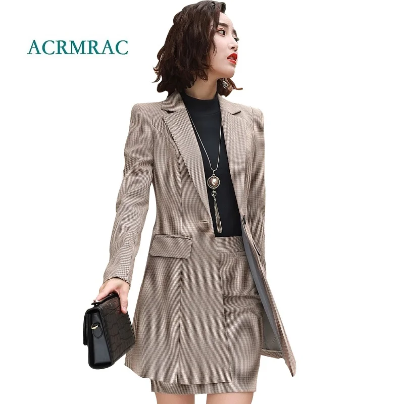 ACRMRAC Women skirt Long sleeve Slim Plaid Long section Jacket skirt OL ...