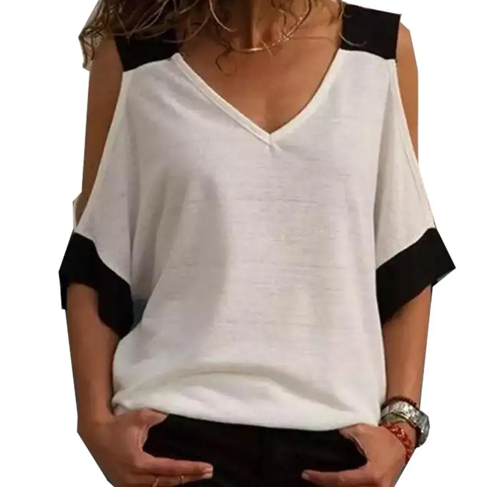 

Yfashion Women Color Matching Off-shoulder V-neck Short-sleeved T-shirt