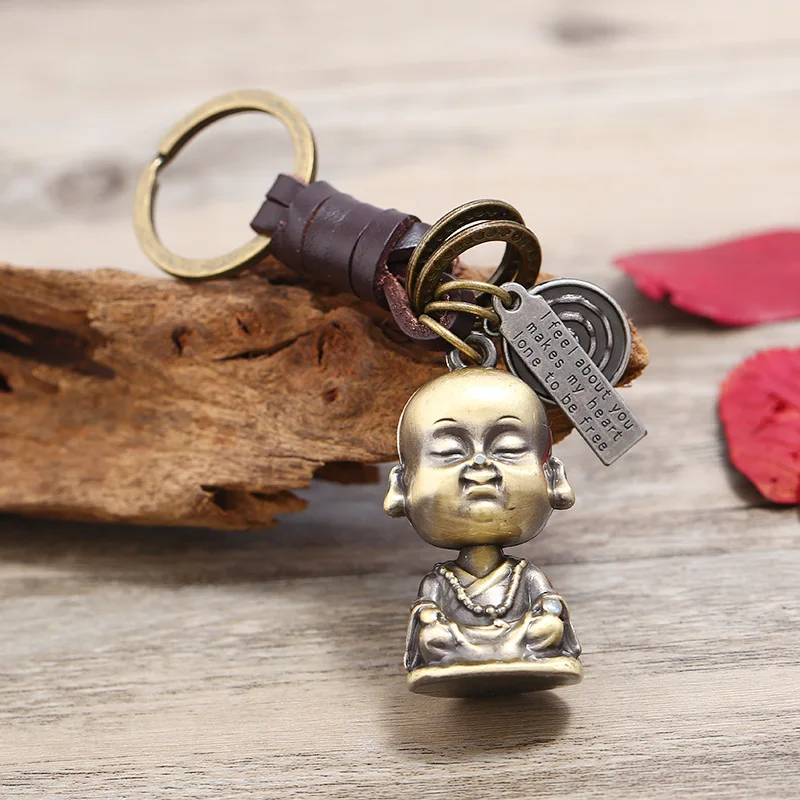 

Simple Vintage Woven Leather Alloy Buddha Keychain Men Women Personality Jewelry Backpack Car Key Bag Pendant Accessories