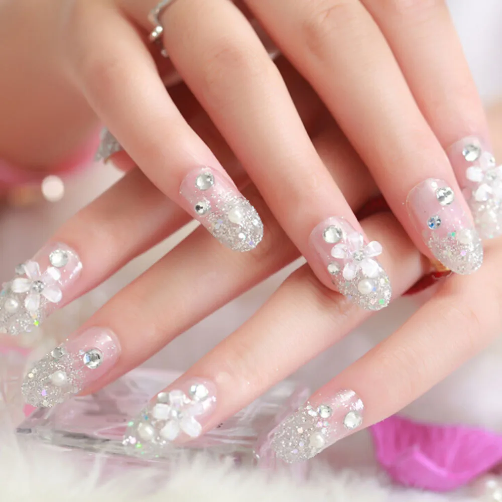 

24pcs/Pack Glitter False Nail Sticker Nail Art Decal Rhinestone Wedding Bridal Fake Nail Tips Sticker Set With Glue