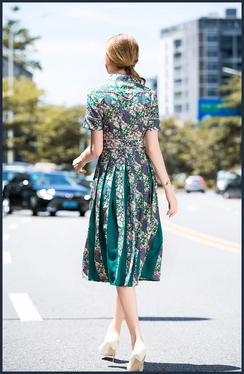 2019 Spring Summer Women short Sleeve Floral Print Elegant Casual Dresses Vestidos Robe Femme floral lapel print pleated Dress (2)