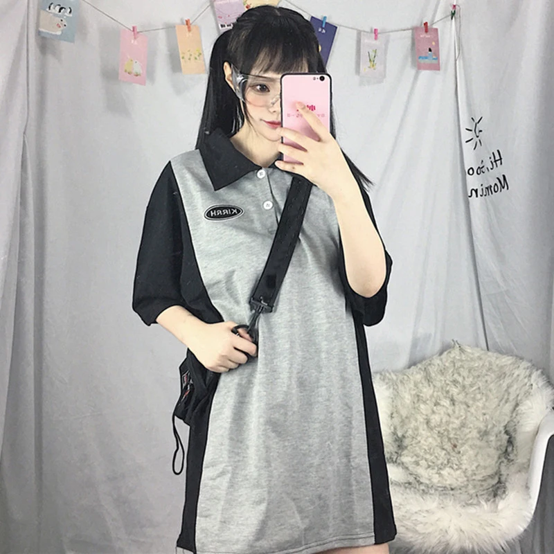 Новая летняя женская одежда ulzzang корейский отложной воротник harajuku свободные буквы вышивка Модные Цветные Короткие платья