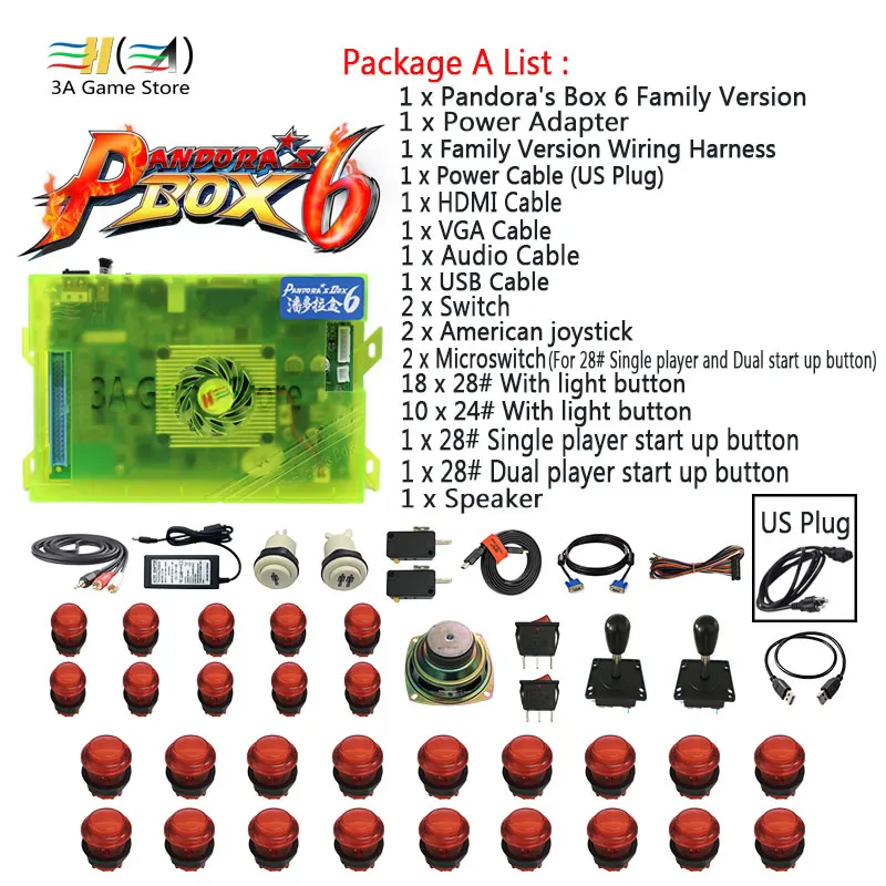 Package A US plug Pandora box 6 1300 в 1 Diy usb джойстик аркадная кнопка переключатель аркадный джойстик кнопки комплект динамиков для управления аркадной машиной - Цвет: Package A US plug