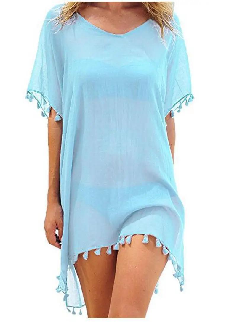Женский пляжный купальник с кружевами, вязаный крючком, пляжное платье для женщин, летний женский купальный костюм, пляжная одежда, туника - Цвет: Небесно-голубой