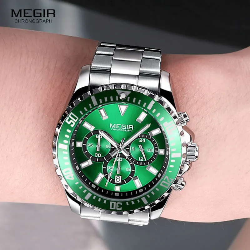 MEGIR Men's Stainless Steel Waterproof Chronograph Watch with Luminous Green Dial