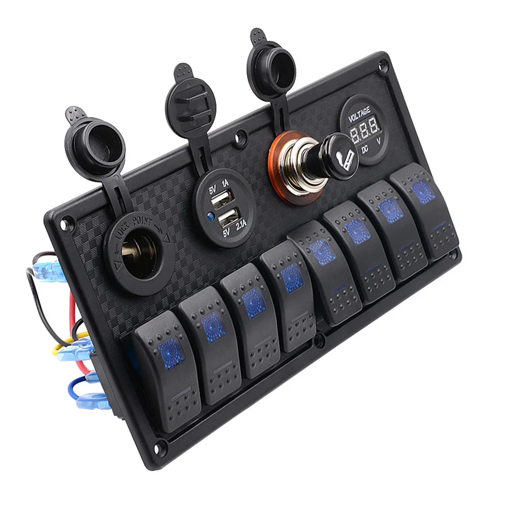 

12/24V 8 Gang Switch Panel Breaker Voltmeter USB LED For Car Marine Boat Circuit