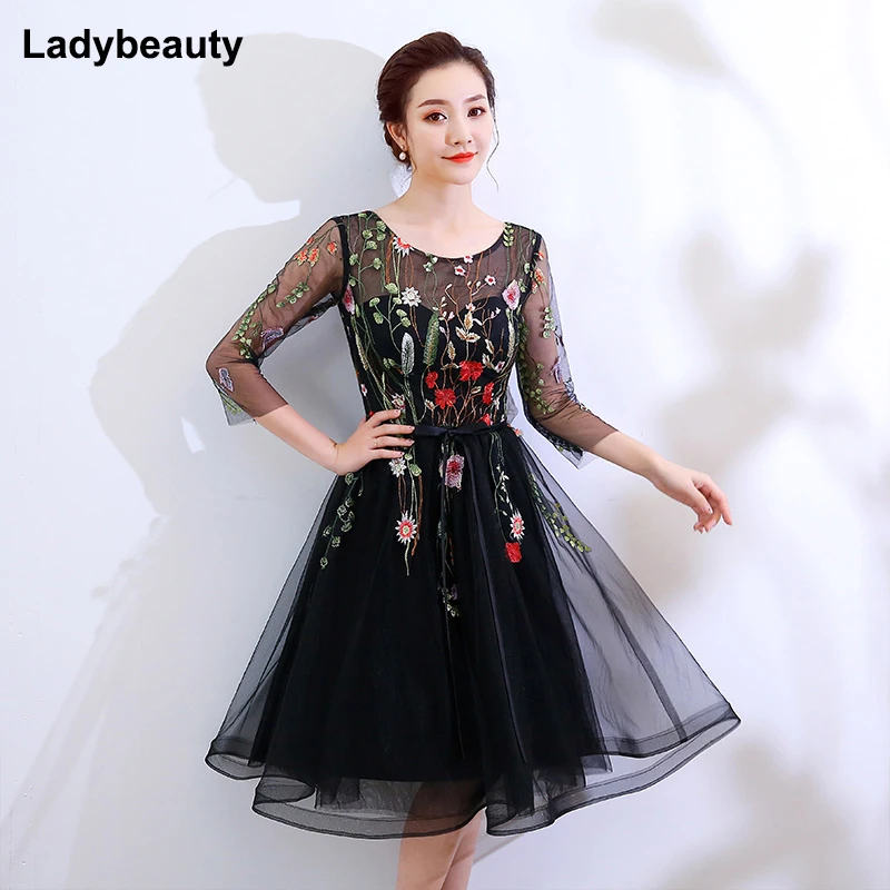 

Ladybeauty Robe de soiree 2018 O-Neck Lace short evening dress vestido de festa plus size prom party dresses