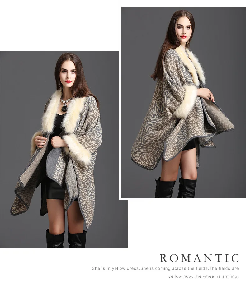 Зимний женский свитер, кардиган, Женский высококачественный пончо с воротником из искусственного лисьего меха, серый, бежевый, темно-синий плащ, шерстяная шаль, накидка