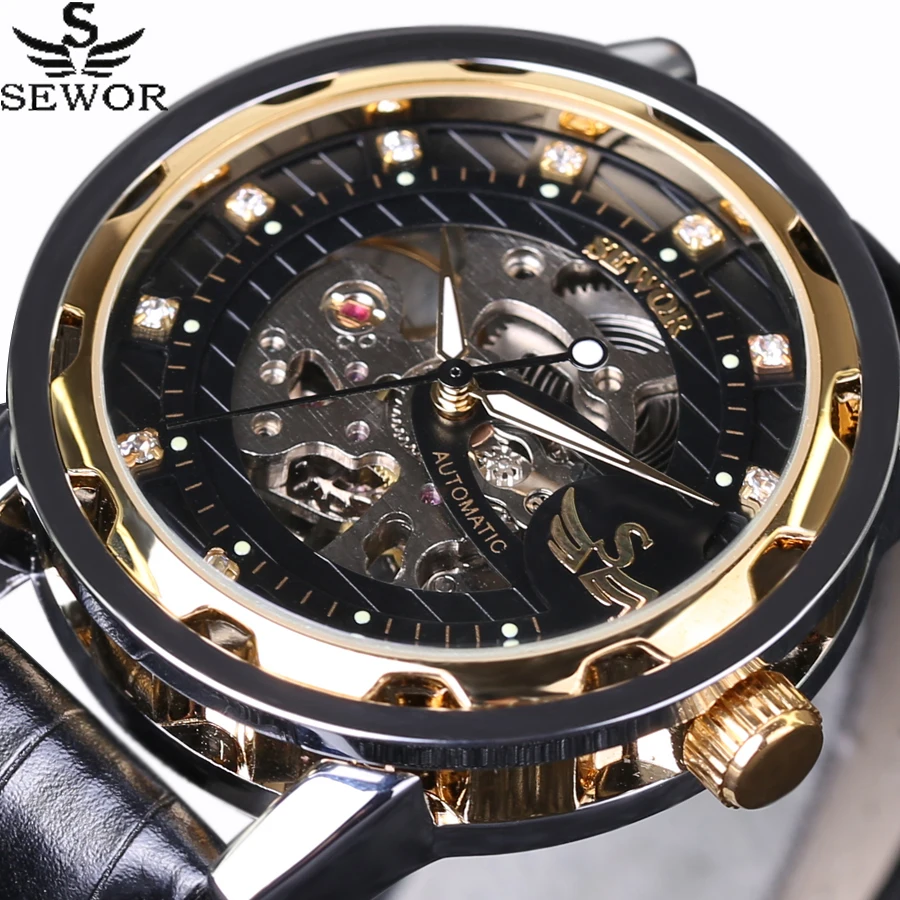 SEWOR Royal Diamond Ontwerp Zwart Goud Heren Horloges Top Brand Luxe Man  Skeleton Mechanische Hand Wind Horloge Mode Polshorloge|watch reply|watch  swordwatch ebook - AliExpress