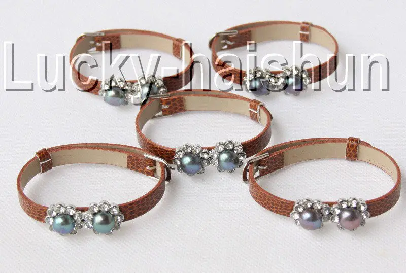 

Wholesale price 16new ^^^^^^^5piece adjustable khaki leather round black pearls bracelet j9006A12F16