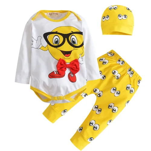 3Pcs Newborn Baby Boys Clothes Set Autumn Cotton Long Sleeve Cartoon Romper Tops+Small Eyes Pants+Hat Toddler Infant Clothing - Цвет: Белый