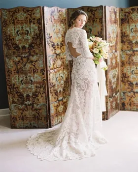 

New Vintage Lace Long Sleeve Wedding Dress Sexy See Through Lace Backless Boho Beach Muslim Wedding Dresses
