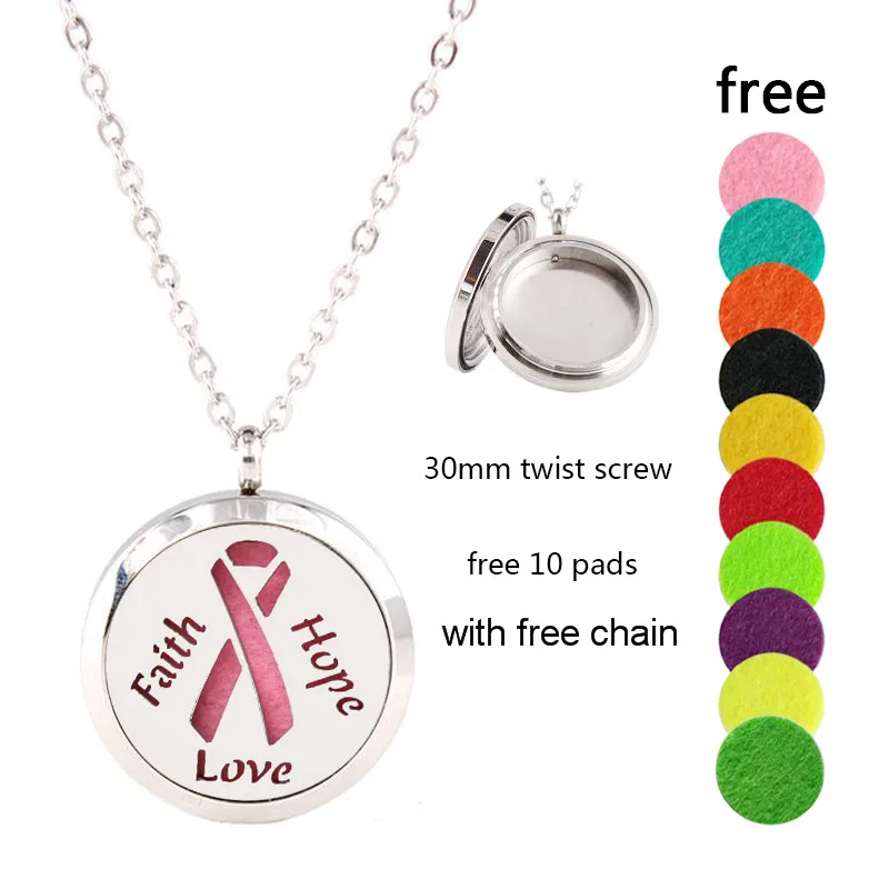 

30mm Screw Faith Hope Love Perfume Locket 316L Stainess Steel Diffuser Locket Pendant Necklace With Chain Pads As Gift 10pcs/lot