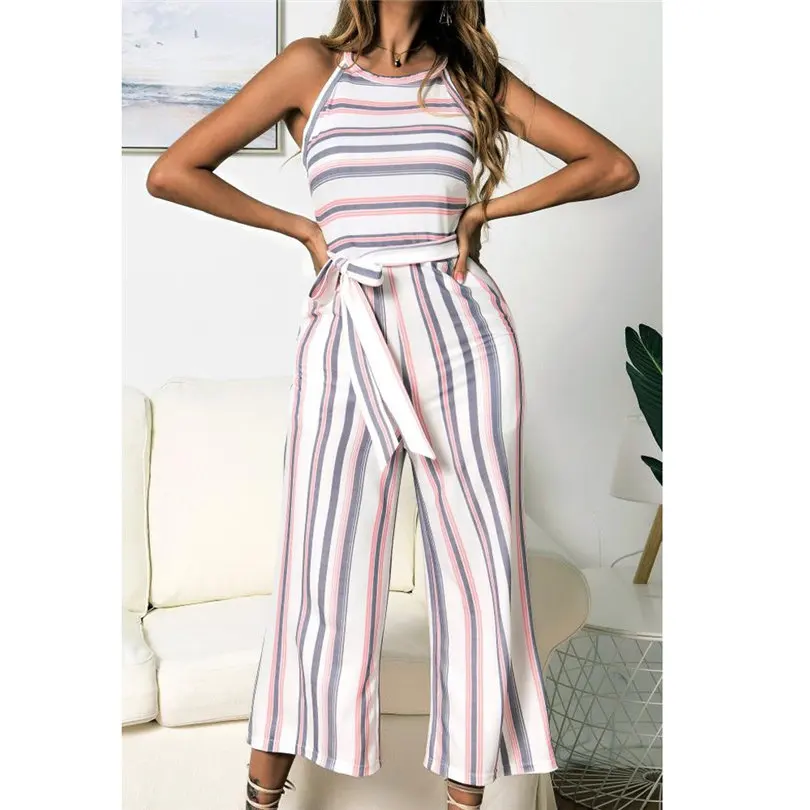 New Fashion Women Summer Sexy Sleeveless Multicolour Striped Jumpsuit Clubwear Wide Leg Pants Outfit Long Pants Jumpsuit #4A18 (17)
