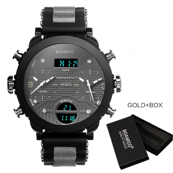 Мужские часы, военные спортивные часы, BOAMIGO, брендовые, 3 часовых пояса, часы для мужчин, светодиодный, наручные часы,, подарок, часы с коробкой, Reloj Hombre - Цвет: gold