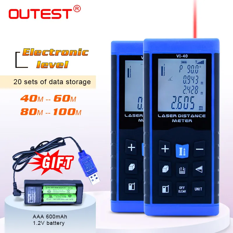 

OUTEST Digital laser distance meter 40m/60M/80M/100M laser rangefinder measurer tape trena electronic level +battery for GIFT
