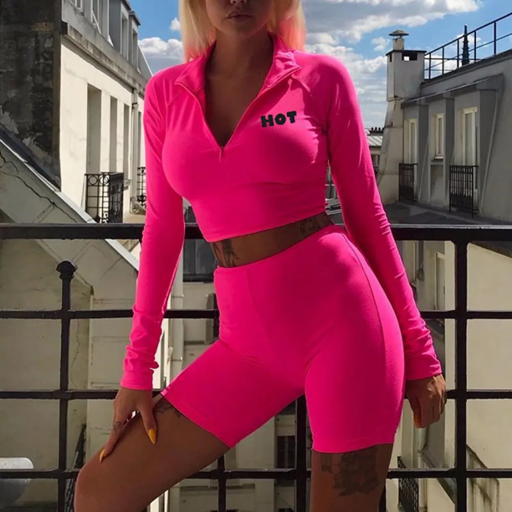 

Fashion Casual Long Sleeve Crop Women Top Autumn Shorts Set Pullovers Zipper Two Piece Set Turtleneck Ladies Tracksuit