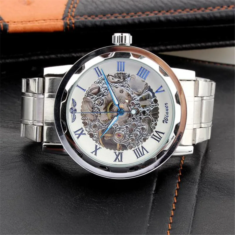 Men s Watch Skeleton Dial Strap Hand Wind font b Mechanical b font watch Stainless Steel